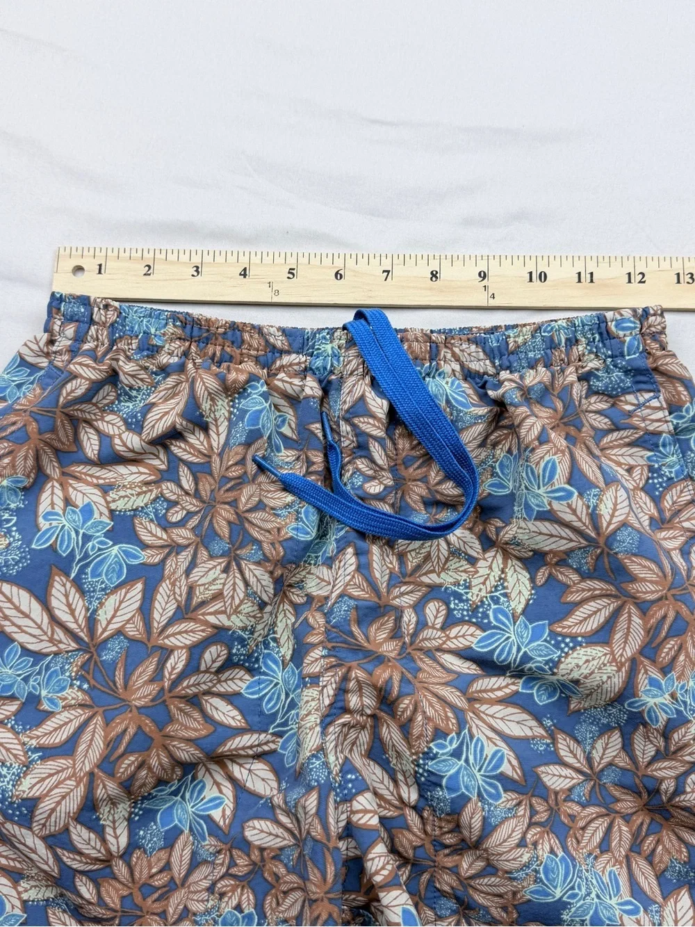 Patagonia Blue and Brown Leaf-Print Swim Trunks